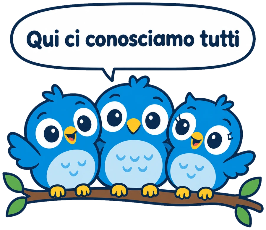 Tre gufetti azzurri vicini su un ramo che dicono: Qui ci conosciamo tutti