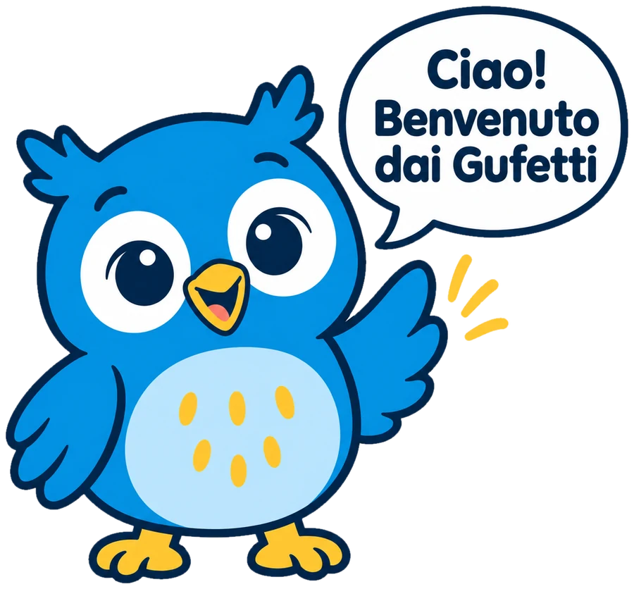 Gufetto azzurro che saluta e dice: Ciao! Benvenuto dai Gufetti