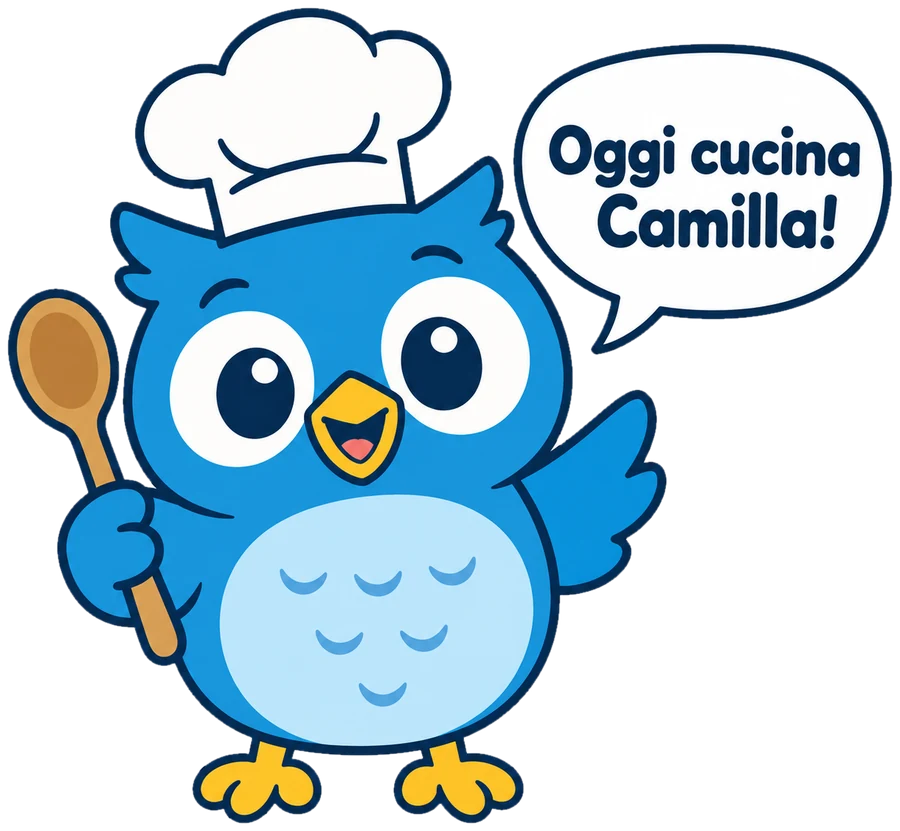 Gufetto con cappello da cuoco e mestolo che dice: Oggi cucina Camilla!