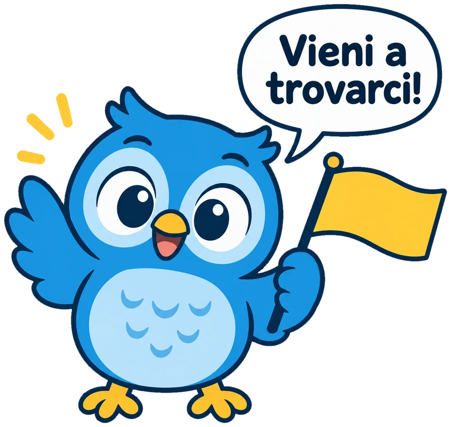 Gufetto con una bandierina gialla che dice: Vieni a trovarci!